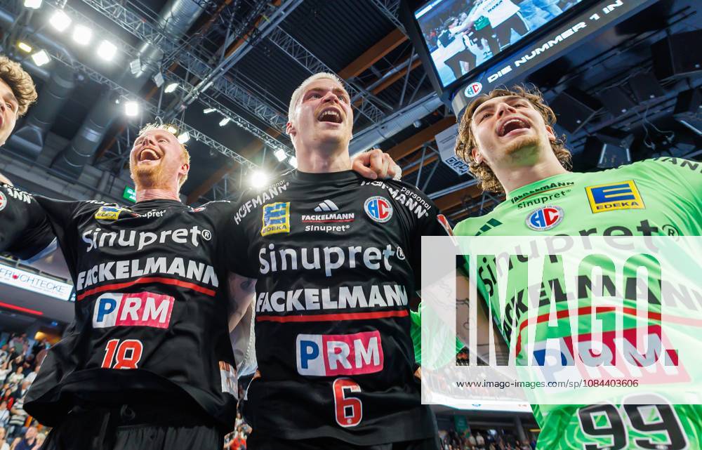 Handball 1st Bundesliga OPEL HBL 2026–2027 Season, Matchday 8: HC Erlangen (Nuremberg Metropolitan Region) vs. HCE MT Melsungen Women’s Team Celebrations and joy after the game: Sebastian Firnhaber 18, HC Erlangen HCE Marek Nissen 6, HC Erlangen HCE Tin Herceg 99, HC Erlangen HCE
