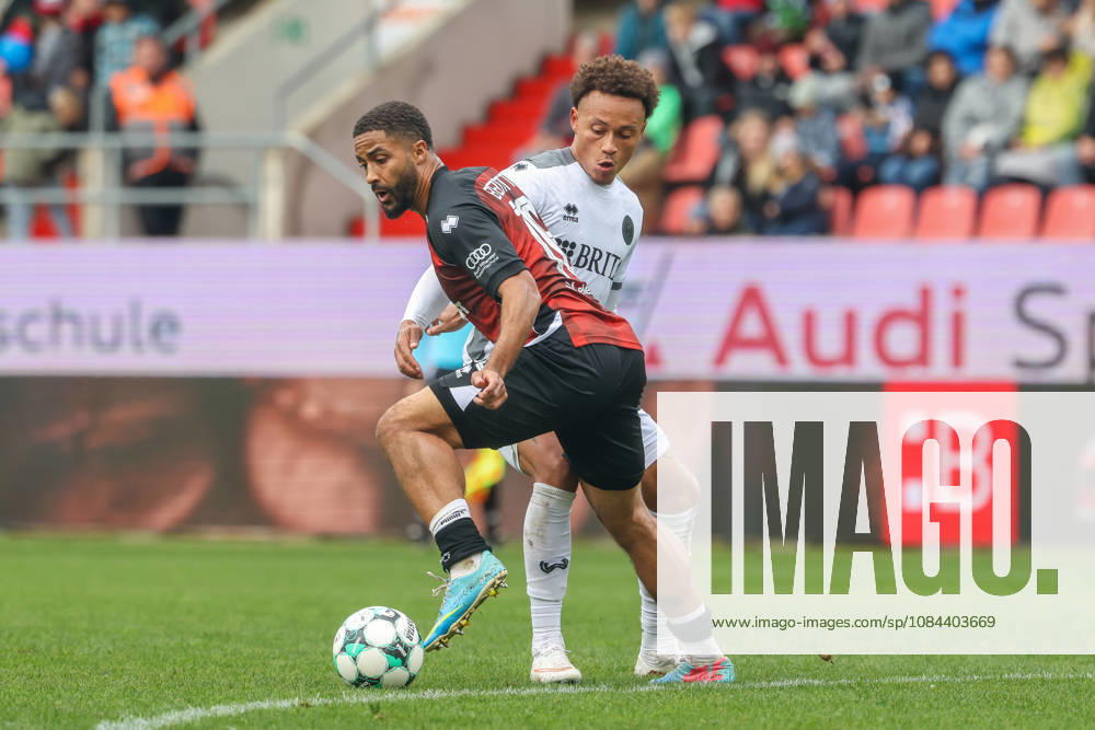 Ingolstadt, Germany October 11, 2026 3rd League 2026–2027 Matchday 8 FC Ingolstadt 04 vs. SV Wehen Wiesbaden Pictured, from left, in a tackle: Keanan Bennetts (FCI) and Roberto Massimo (SVWW). DFB and DFL regulations prohibit any use of photographs as image sequences and or quasi video