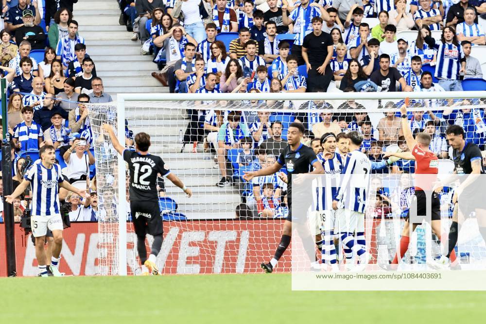 ESP LaLiga EA Sports: Real Sociedad RC vs. Deportivo La Coruna—Referee Shows Red Card During LaLiga EA Sports Match Between Real Sociedad RC and Deportivo La Coruna Played at Anoeta Stadium in Gipuzkoa on October 11, 2026, in Spain—Spanish Soccer