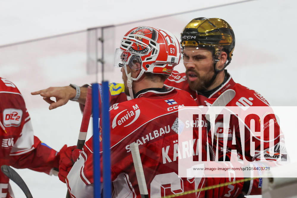 Sahnpark Crimmitschau, October 11, 2026; 2026–27 Season; Ice Hockey; 2nd Bundesliga; Regular Season; Game 8; Saxony Artificial Ice Arena; Saxony Derby; Eispiraten vs. Eispiraten Bietigheim Steelers; Jarno Kärki and Louis Brune, both of the EPC, speak at the Crimmitschau bench, Saxony, Germany