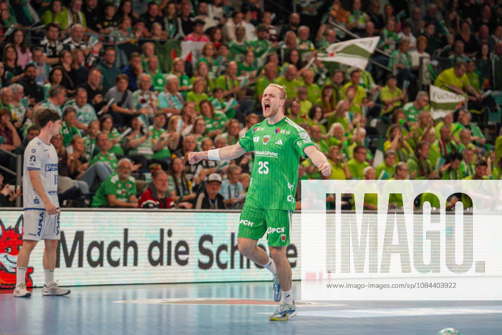 In the photo: goal, score, celebration, goal celebration, joy, excitement, celebrating, cheering, Matthes Langhoff, Fuechse Berlin, November 25, 2026, Fuechse Berlin vs. TVB Lemgo Lippe, HBL, Handball Bundesliga, 2026–27 season, Max Schmeling Hall