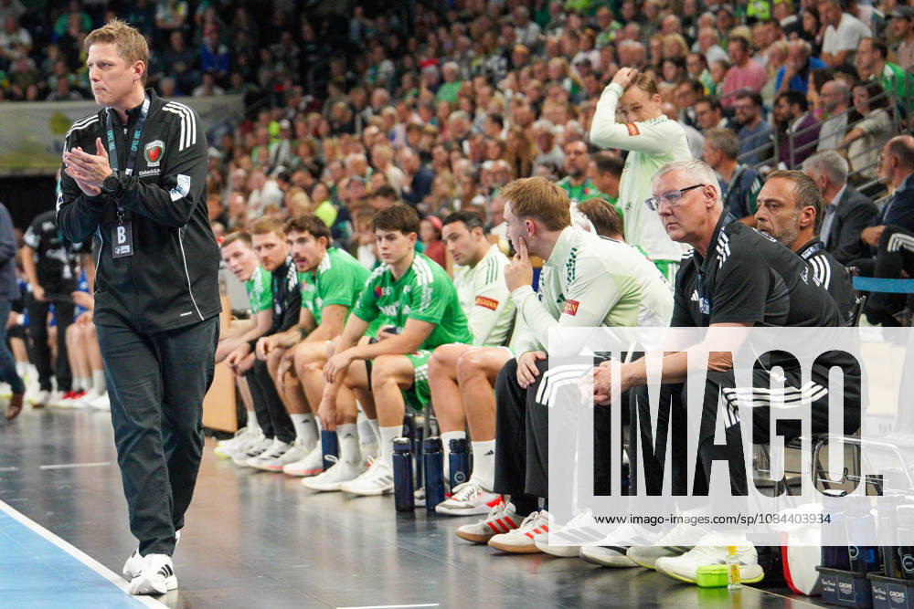 Pictured: Nicolej Krickau of Füchse Berlin, coach, celebrating on October 11, 2026; Füchse Berlin vs. TVB Lemgo Lippe, HBL, Handball Bundesliga, 2026–27 season, Max Schmeling Halle