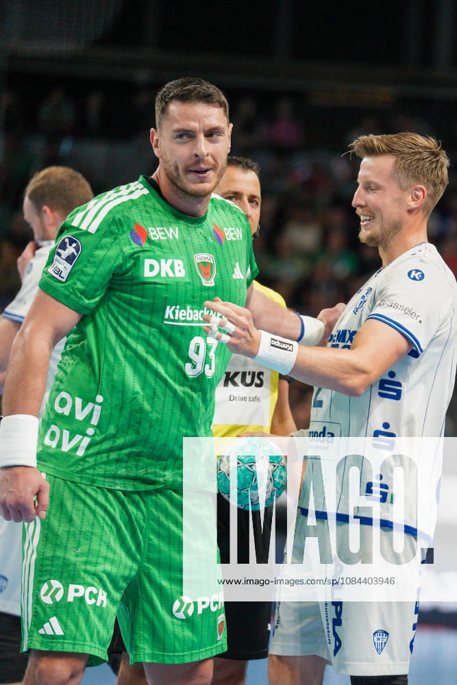 Pictured: Mijajlo Marsenic of Fuechse Berlin, 93, and Adam Nyfjaell of TBV Lemgo Lippe, 22 11 10 2026, Fuechse Berlin vs. TVB Lemgo Lippe, HBL, Handball Bundesliga, 2026–27 season, Max Schmeling Hall