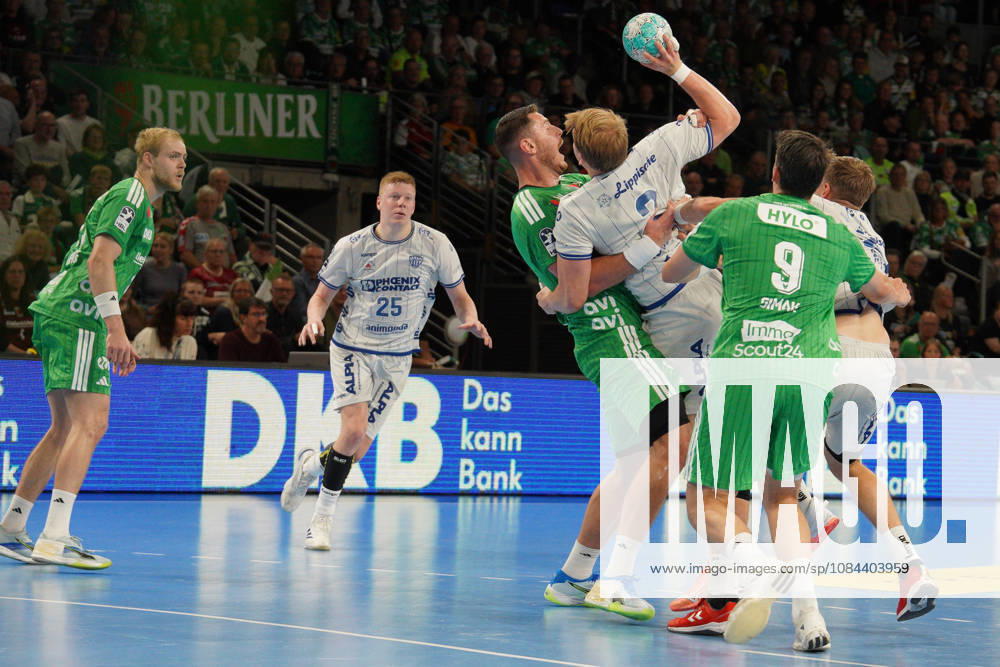 Pictured: A one-on-one battle on October 11, 2026, between Füchse Berlin and TVB Lemgo Lippe, HBL, Handball Bundesliga, 2026–27 season, Max Schmeling Halle