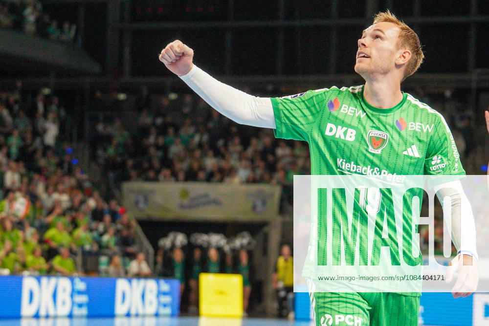 Pictured: Mathias Gidsel, Fuechse Berlin, 19, goal, score, celebration, goal celebration, joy, excitement, celebrating, cheering, October 11, 2026, Fuechse Berlin vs. TVB Lemgo Lippe, HBL, Handball Bundesliga, 2026–27 season, Max Schmeling Hall, October 11, 2026, Fuechse Berlin vs. TVB Lemgo Lippe, HBL, Handball Bundesliga, 2026–27 season, Max Schmeling Hall