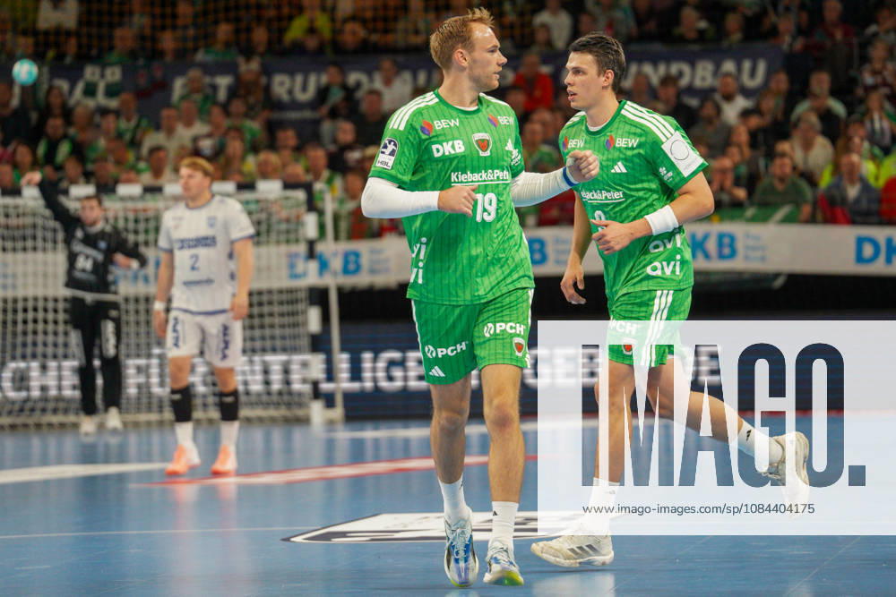 Pictured: Mathias Gidsel of Fuechse Berlin, 19, goal, score, celebration, goal celebration, joy, enthusiasm, celebrating, cheering, October 11, 2026, Fuechse Berlin vs. TVB Lemgo Lippe, HBL, Handball Bundesliga, 2026–27 season, Max Schmeling Halle