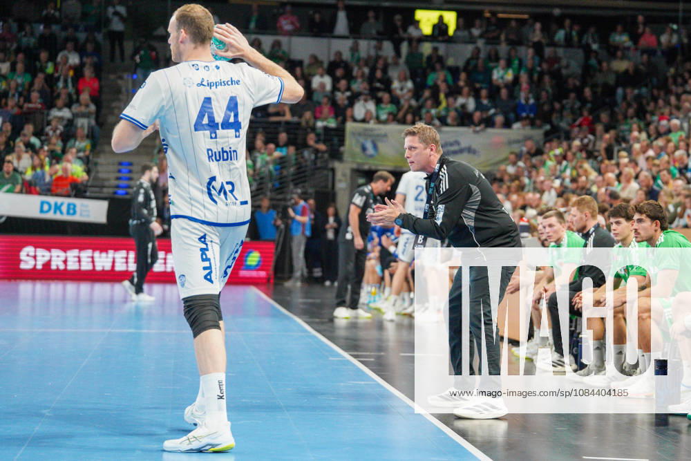 Pictured: Nicolej Krickau of Füchse Berlin, coach, celebrating on October 11, 2026; Füchse Berlin vs. TVB Lemgo Lippe, HBL, Handball Bundesliga, 2026–27 season, Max Schmeling Halle