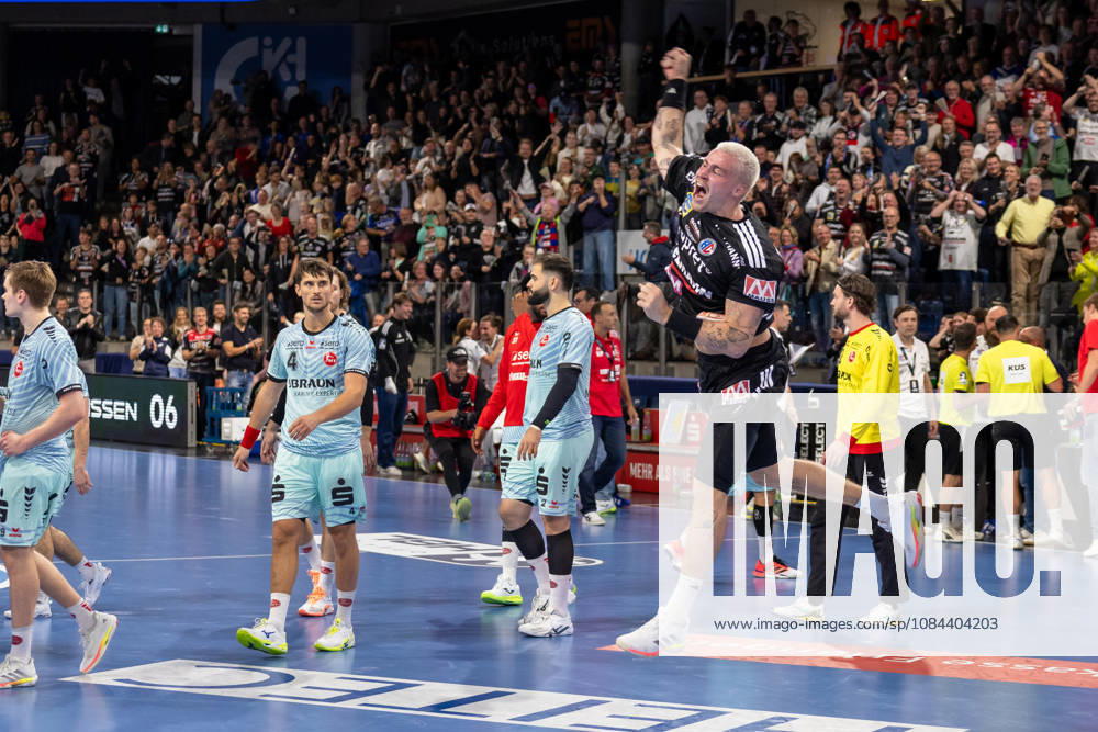 Jump and celebration as Marek Nissen scores the winning goal for HC Erlangen, October 6, Germany, HC Erlangen vs. MT Melsungen, Handball, Opel Handball Bundesliga, Matchday 8, 2026–2027 season, October 11, 2026, Germany, HC Erlangen vs. MT Melsungen, Handball, Opel Handball Bundesliga, Matchday 8, 2026–2027 season, October 11, 2026, Nuremberg
