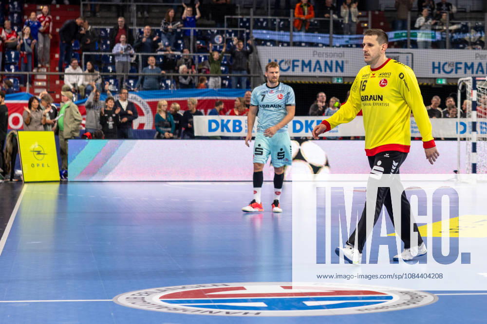 Nebojsa Simic, MT Melsungen, 16. The goalkeeper leaves the arena disappointed. GER, HC Erlangen vs. MT Melsungen, Handball, Opel Handball Bundesliga, Matchday 8, 2026–2027 season, October 11, 2026 GER, HC Erlangen vs. MT Melsungen, Handball, Opel Handball Bundesliga, Matchday 8, 2026–2027 season, October 11, 2026 Nuremberg