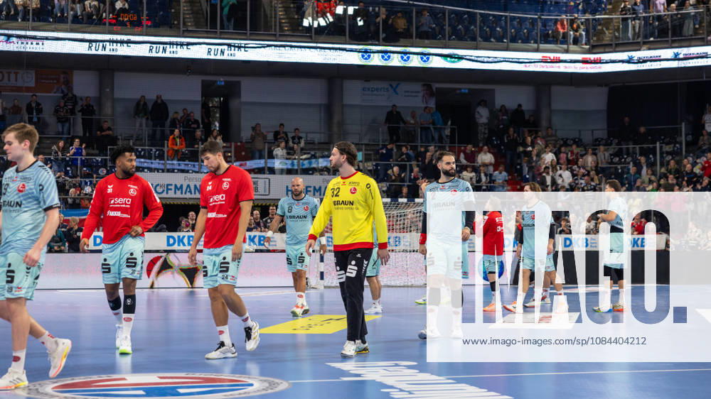Disappointment after the loss to Melsungen Kristof Palasic (MT Melsungen), 32; Ruben Marchan (MT Melsungen), 02 GER; HC Erlangen vs. MT Melsungen, Handball, Opel Handball Bundesliga, Matchday 8, 2026–2027 season, October 11, 2026 GER, HC Erlangen vs. MT Melsungen, Handball, Opel Handball Bundesliga, Matchday 8, 2026–2027 season, October 11, 2026 Nuremberg