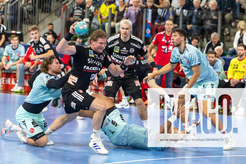 Maciej Gebala, HC Erlangen, 77, taking a shot with energy in his face, GER, HC Erlangen vs. MT Melsungen, Handball, Opel Handball Bundesliga, Matchday 8, 2026–2027 season, October 11, 2026, GER, HC Erlangen vs. MT Melsungen, Handball, Opel Handball Bundesliga, Matchday 8, 2026–2027 season, October 11, 2026, Nuremberg