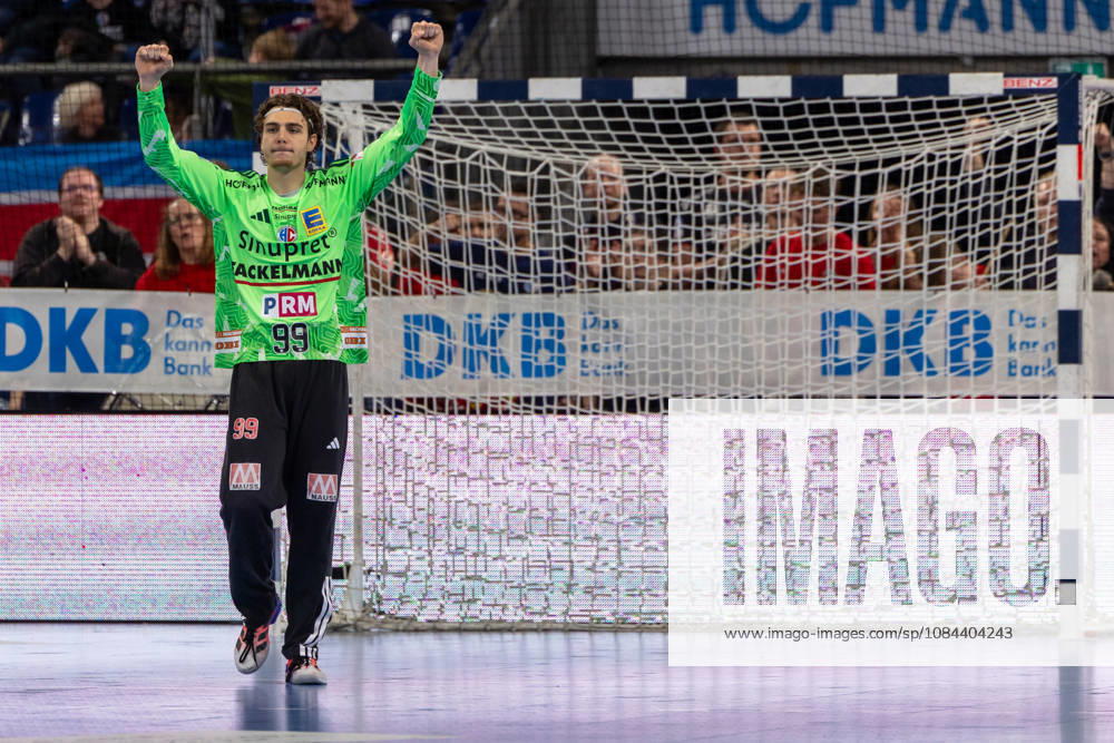 Goalkeeper Tin Herceg of HC Erlangen, 99, celebrates a goal GER, HC Erlangen vs. MT Melsungen, Handball, Opel Handball Bundesliga, Matchday 8, 2026–2027 season, October 11, 2026, Germany, HC Erlangen vs. MT Melsungen, Handball, Opel Handball Bundesliga, Matchday 8, 2026–2027 season, October 11, 2026, Nuremberg