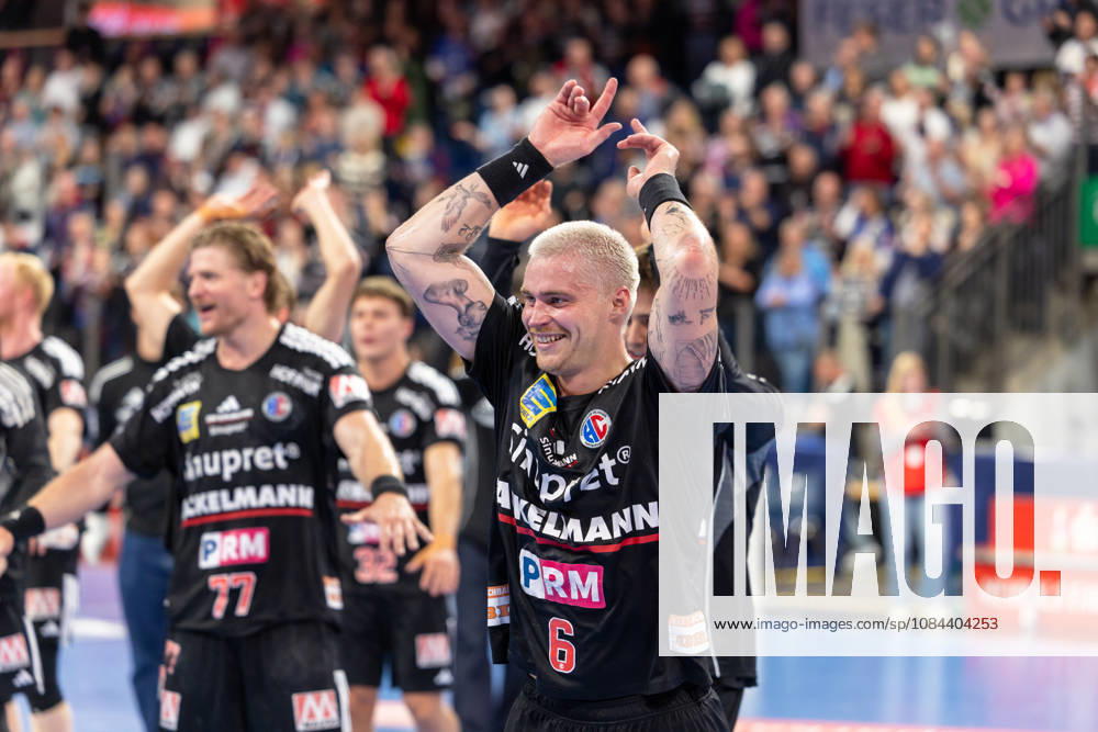 Celebration at Marek Nissen HC Erlangen, 06 after the victory GER, HC Erlangen vs. MT Melsungen, Handball, Opel Handball Bundesliga, Matchday 8, 2026–2027 season, October 11, 2026, GER, HC Erlangen vs. MT Melsungen, Handball, Opel Handball Bundesliga, Matchday 8, 2026–2027 season, October 11, 2026, Nuremberg
