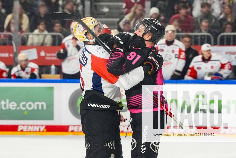 Ice Hockey: Penny DEL, Matchday 8—Cologne Sharks vs. Nuremberg Ice Tigers on October 11, 2026, at the Lanxess Arena in Cologne. Things got rough once again at the end of the final period. Here with Moritz Müller of Cologne, on the left, and Samuel Dove McFall of Nuremberg. According to the regulations of the DEL (German Ice Hockey League), the publication and reuse of the footage in electronic media and on devices of any kind during the game is not permitted.