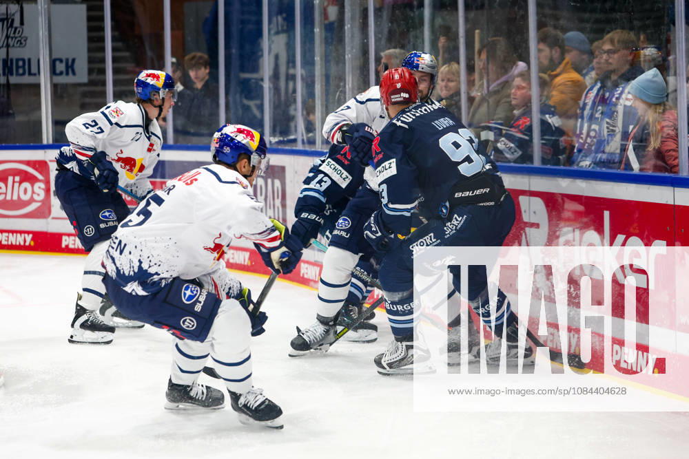 Fabio Wagner, EHC Red Bull Munich, 55; Vadim Schreiner, Schwenninger Wild Wings, 13; Lukas Klok, EHC Red Bull Munich, 03, and Sebastian Uvira, Schwenninger Wild Wings, 93, GER, Schwenninger Wild Wings vs. EHC Red Bull Munich, ice hockey, PENNY DEL, Matchday 8, 2026–2027 season, October 11, 2026, GER, Schwenninger Wild Wings vs. EHC Red Bull Munich, Ice Hockey, PENNY DEL, Matchday 8, 2026–2027 Season, October 11, 2026, Schwenningen