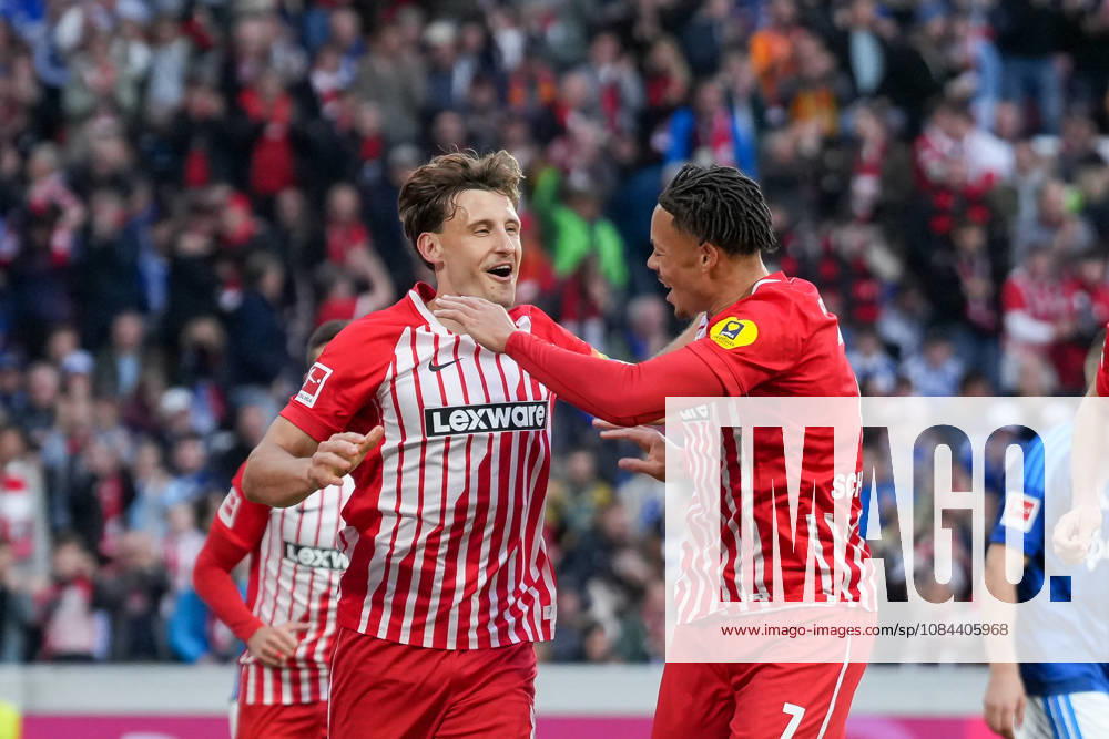Maximilian Eggestein, SC Freiburg, 08; Derry Scherhant, SC Freiburg, 07; goal celebration, emotions, shot on goal, finish, goal scored, goal, hit, Germany, soccer, Bundesliga 1, Matchday 5, 2026–2027, SC Freiburg vs. FC Schalke 04, October 11, 2026, Europa-Park Stadium, Freiburg, Freiburg, Europa-Park Stadium, Baden-Württemberg, Germany