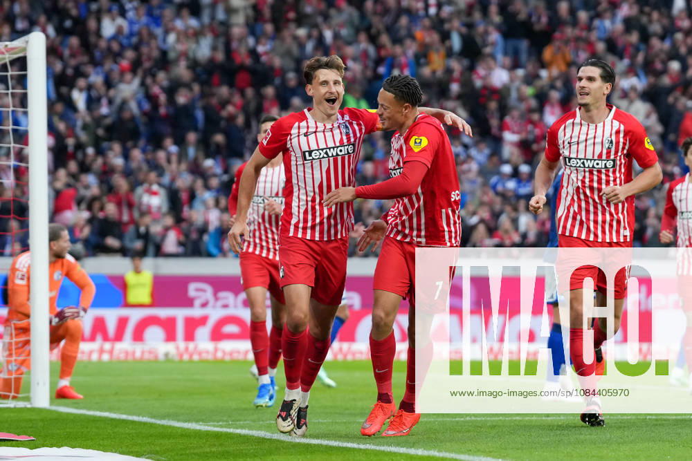 Maximilian Eggestein, SC Freiburg, 08; Derry Scherhant, SC Freiburg, 07; goal celebration, emotions, shot on goal, finish, goal scored, goal, hit, Germany, soccer, Bundesliga 1, Matchday 5, 2026–2027, SC Freiburg vs. FC Schalke 04, October 11, 2026, Europa-Park Stadium, Freiburg, Freiburg, Europa-Park Stadium, Baden-Württemberg, Germany