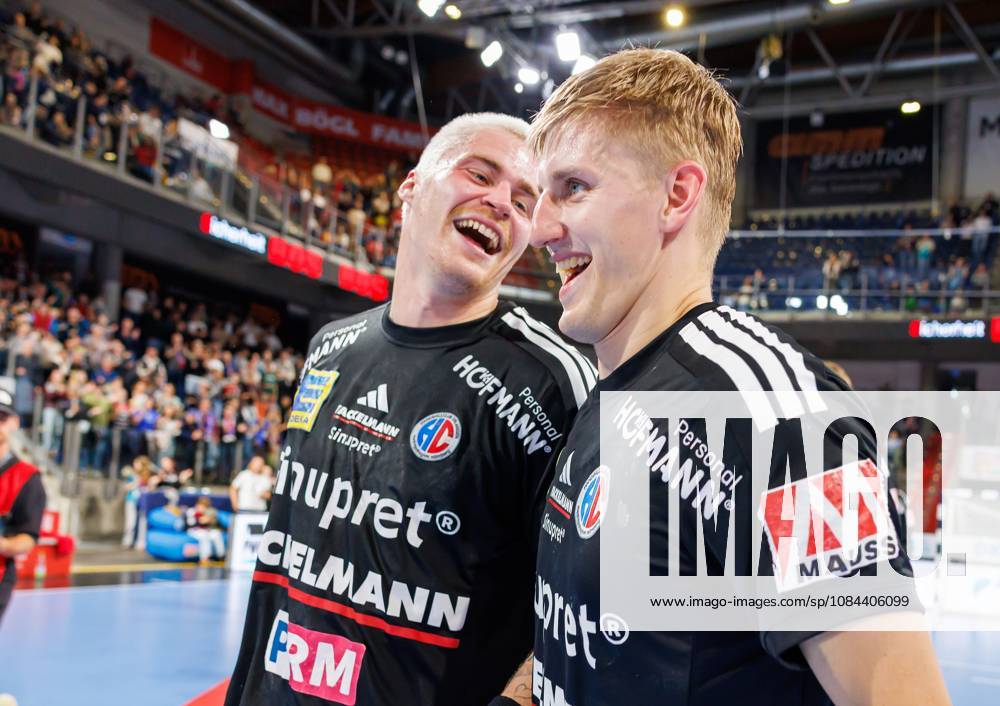Handball 1st Bundesliga OPEL HBL 2026–2027 Season, Matchday 8: HC Erlangen (Nuremberg Metropolitan Region) vs. HCE MT Melsungen Women s Team Celebrations and joy after the game: Christopher Bissel 21, HC Erlangen HCE Sander Andreassen Overjordet 8, HC Erlangen HCE