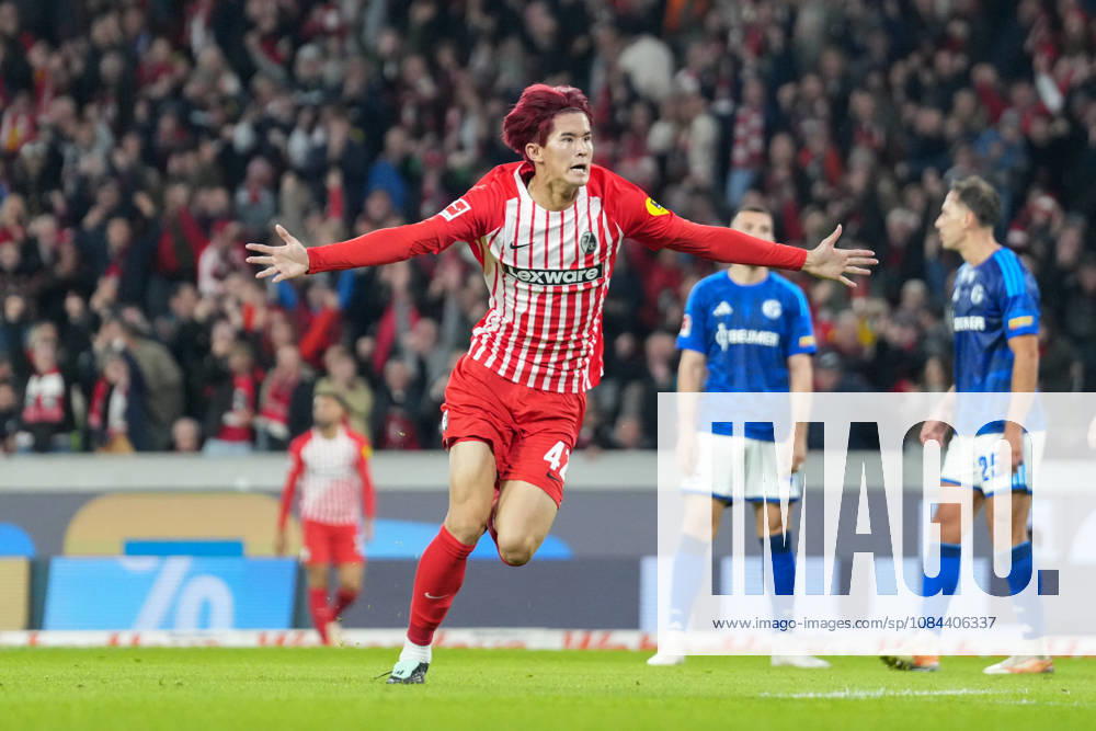 Keisuke Goto, SC Freiburg, 42 goal celebration, emotions, shot on goal, finish, goal scored, goal, hit, Germany, soccer, Bundesliga 1, Matchday 5, 2026–2027, SC Freiburg vs. FC Schalke 04, October 11, 2026, Europa-Park Stadium, Freiburg, Freiburg, Europa-Park Stadium, Baden-Württemberg, Germany