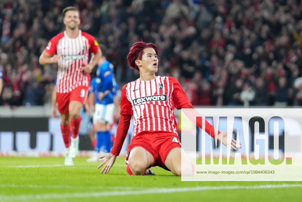 Keisuke Goto, SC Freiburg, 42 goal celebration, emotions, shot on goal, finish, goal scored, goal, hit, Germany, soccer, Bundesliga 1, Matchday 5, 2026–2027, SC Freiburg vs. FC Schalke 04, October 11, 2026, Europa-Park Stadium, Freiburg, Freiburg, Europa-Park Stadium, Baden-Württemberg, Germany