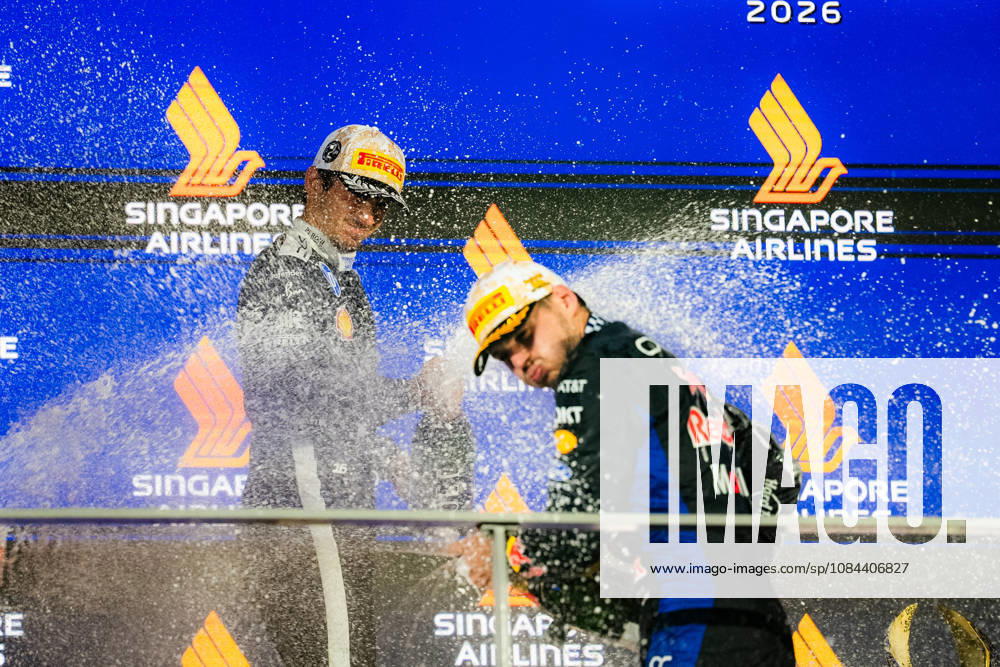 2026 Formula 1 Singapore Grand Prix - Podium CHARLES LECLERC 16 (MON) of Scuderia Ferrari HP (Ferrari SF-26) and MAX VERSTAPPEN 1 (NED) of Oracle Red Bull Racing (Red Bull Racing RB22) champagne celebration on the podium on Sunday Race Day during the Formula 1 Singapore Airlines Singapore Grand Prix 2026 at Marina Bay Street Circuit, Singapore, on October 11, 2026. Photo by Antoine Lapeyre Reveries Agency via ABACAPRESS.COM Singapore Singapore