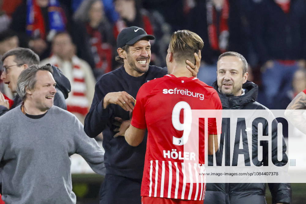 Julian Schuster, SC Freiburg, coach, and Lucas Höler, SC Freiburg, 09 after the game, Germany, soccer, Bundesliga 1, Matchday 5, 2026–2027, SC Freiburg vs. FC Schalke 04, October 11, 2026, Freiburg im Breisgau, Europa-Park Stadium, Germany