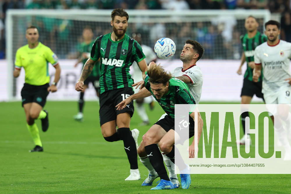 Christian Pulisic of AC Milan and Fedde Leysen of US Sassuolo compete for the ball during the Serie A 2026 2027 football match between US Sassuolo and AC Milan at Citta del Tricolore stadium in Reggio Emilia (Italy), October 11th, 2026. CesarexPurini