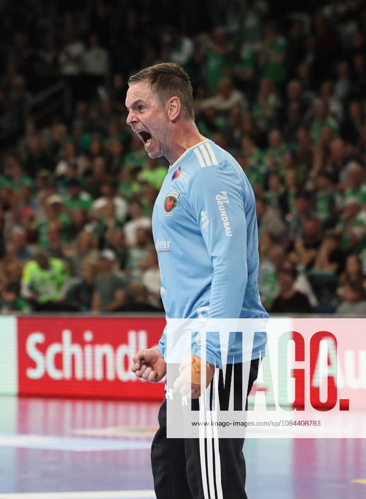 GER HBL 2026–2027 Season: Füchse Berlin vs. TBV Lemgo, October 11, 2026, MAX SCHMELING HALLE, Berlin; Andreas PALICKA (Füchse Berlin, No. 12) celebrates after a successful save—shouts, emotion