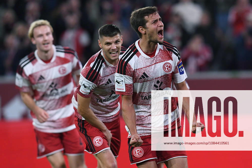 Soccer, 3rd Division, Matchday 8: Fortuna Düsseldorf vs. SC Verl on October 11, 2026, at the Merkur Spiel Arena in Düsseldorf. Celebrations following Tim Oberdorf’s 1-0 goal for Düsseldorf. DFB regulations prohibit any use of photographs as image sequences and or quasi-video. xRx