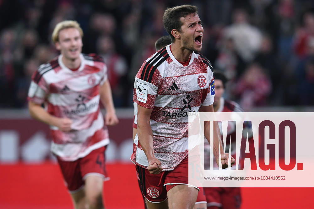 Soccer, 3rd Division, Matchday 8: Fortuna Düsseldorf vs. SC Verl on October 11, 2026, at the Merkur Spiel Arena in Düsseldorf. Celebrations following Tim Oberdorf’s 1-0 goal for Düsseldorf. DFB regulations prohibit any use of photographs as image sequences and or quasi-video. xRx