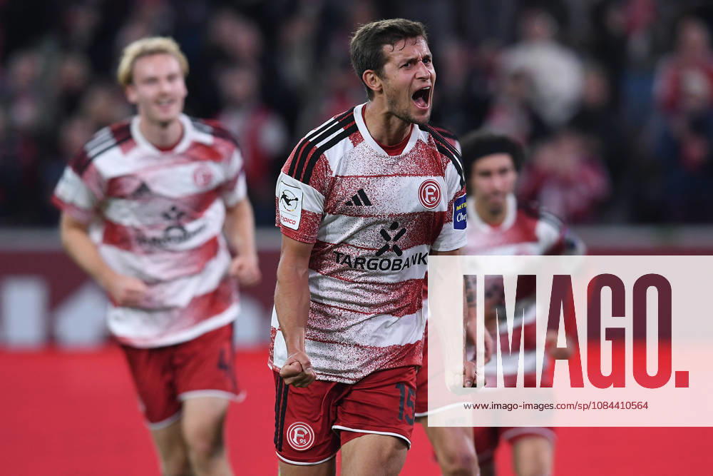 Soccer, 3rd Division, Matchday 8: Fortuna Düsseldorf vs. SC Verl on October 11, 2026, at the Merkur Spiel Arena in Düsseldorf. Celebrations following Tim Oberdorf’s 1-0 goal for Düsseldorf. DFB regulations prohibit any use of photographs as image sequences and or quasi-video. xRx