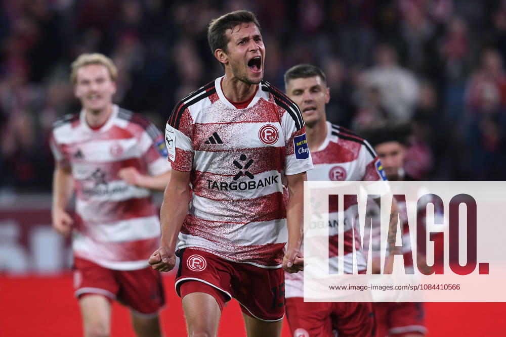 Soccer, 3rd Division, Matchday 8: Fortuna Düsseldorf vs. SC Verl on October 11, 2026, at the Merkur Spiel Arena in Düsseldorf. Celebrations following Tim Oberdorf’s 1-0 goal for Düsseldorf. DFB regulations prohibit any use of photographs as image sequences and or quasi-video. xRx