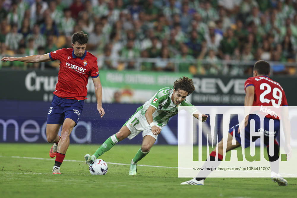ESP: Real Betis - CA Osasuna. La Liga EA Sports. Matchday 8. Rodrigo Riquelme of Real Betis and Abel Bretones and Asier Osambela of CA Osasuna during the La Liga EA Sports match between Real Betis and CA Osasuna played at La Cartuja Stadium on Oct 11, 2026 in Sevilla, Spain. kpng