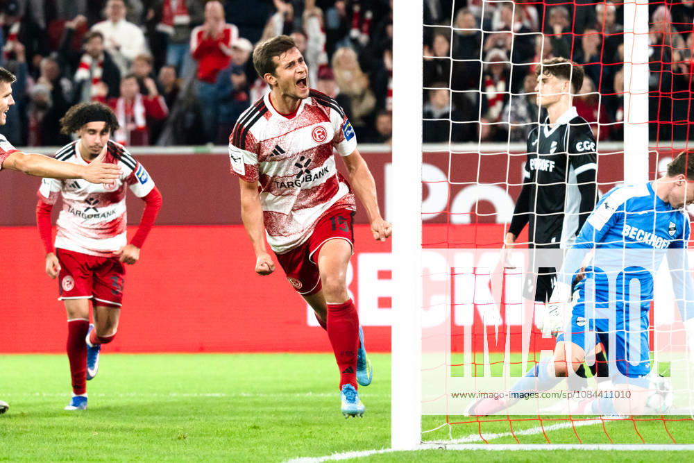 Germany 3rd Division 2026–2027: Fortuna Düsseldorf vs. SC Verl, Matchday 8, October 12, 2026, Merkur Spiel Arena, North Rhine-Westphalia. Goal to make it 1–0 by Tim Oberdorf of Fortuna Düsseldorf, 15. Cheers, joy, emotions, goal celebration.
