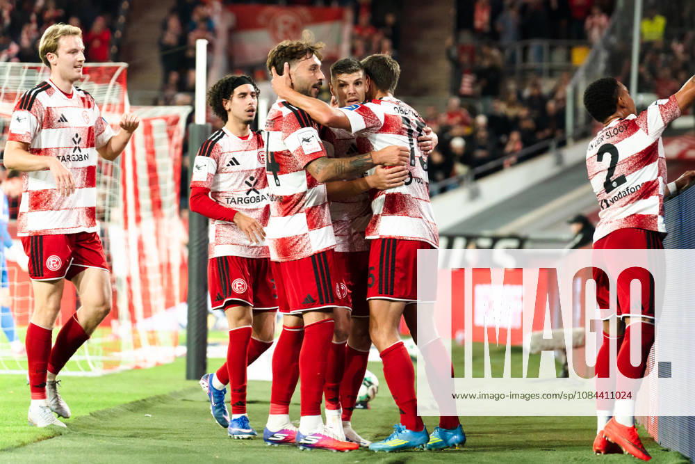 Germany 3rd Division 2026–2027 Fortuna Düsseldorf vs. SC Verl Matchday 8, October 12, 2026, Merkur Spiel Arena, North Rhine-Westphalia. Goal to make it 1–0 by Tim Oberdorf (Fortuna Düsseldorf), 15: Cheering, joy, emotions, goal celebration by Fabian Schleusener of Fortuna Düsseldorf, 24: Anas Slimani of Fortuna Düsseldorf, 34
