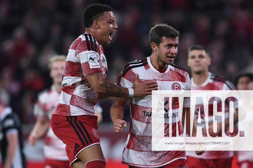 Soccer, 3rd Division, Matchday 8: Fortuna Düsseldorf vs. SC Verl on October 11, 2026, at the Merkur Spiel Arena in Düsseldorf. Celebrations following Tim Oberdorf’s 1-0 goal for Düsseldorf. DFB regulations prohibit any use of photographs as image sequences and or quasi-video. xRx