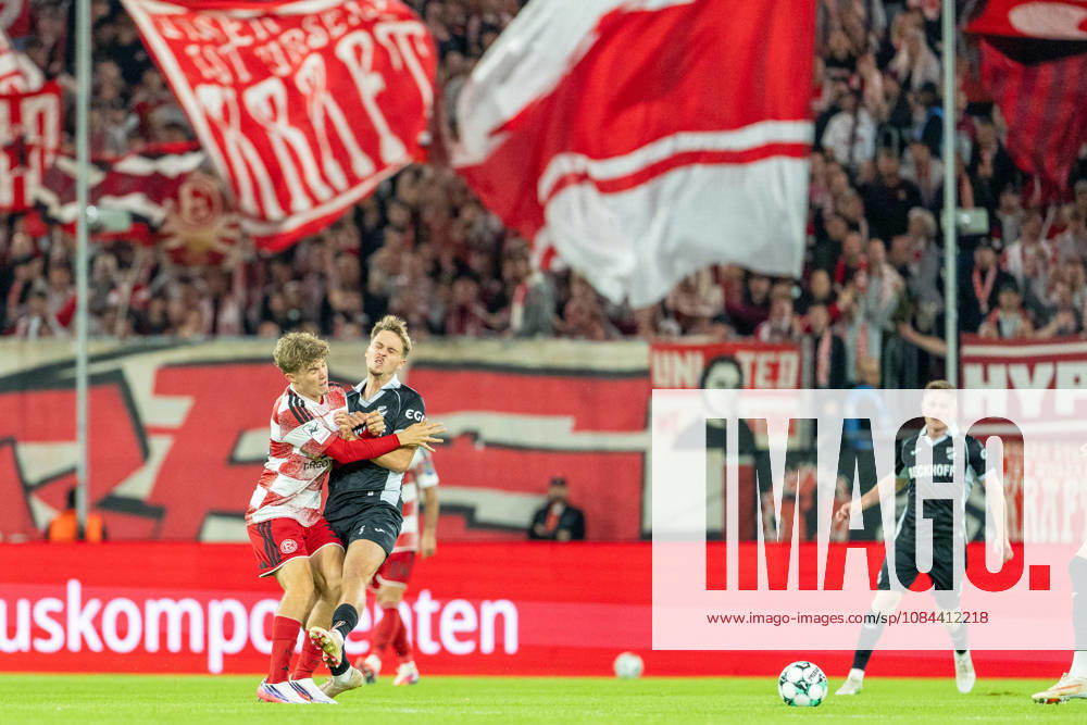 Elias Arden of Fortuna Düsseldorf, 38, and Nick Seidel of SC Verl, 05, collide. Fortuna Düsseldorf vs. SC Verl, Soccer, 3rd Division, Matchday 8, 2026–27 Season, December 10, 2026, DFL regulations prohibit any use of photographs as image sequences and or quasi-video. Fortuna Düsseldorf vs. SC Verl, soccer, 3rd Division, Matchday 8, 2026–27 season, October 12, 2026, Düsseldorf