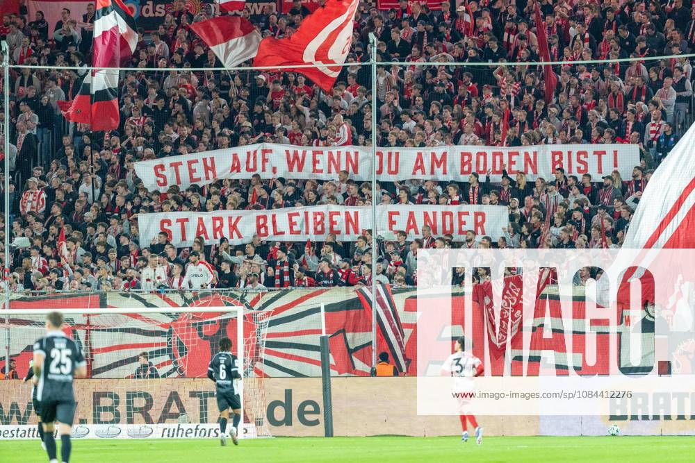 Fortuna Düsseldorf fans with a banner: Fortuna Düsseldorf vs. SC Verl, soccer, 3. Liga, Matchday 8, 2026–27 season, October 12, 2026, DFL regulations prohibit any use of photographs as image sequences and or quasi-video, Fortuna Düsseldorf vs. SC Verl, soccer, 3. Liga, Matchday 8, 2026–27 season, October 12, 2026, Düsseldorf