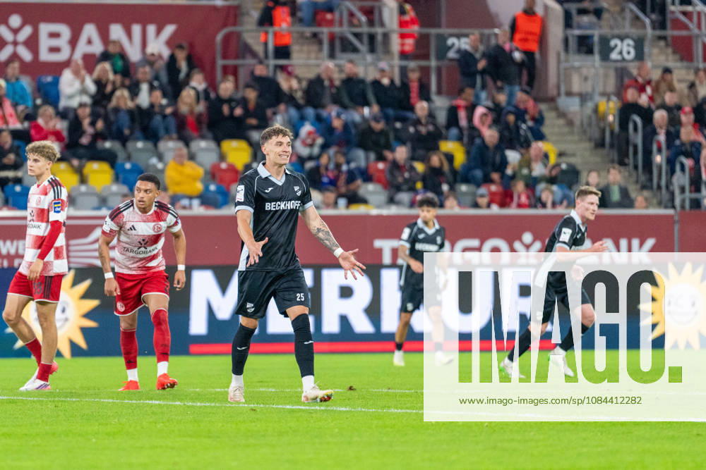 Elias Arden, Fortuna Düsseldorf, 38, Steven van der Sloot, Fortuna Düsseldorf, 02, Tim Heike, SC Verl, 25, looking disappointed after a shot; Fortuna Düsseldorf vs. SC Verl, soccer, 3rd Division, Matchday 8, 2026–27 season, December 10, 2026, DFL regulations prohibit any use of photographs as image sequences and or quasi-video, Fortuna Düsseldorf vs. SC Verl, soccer, 3rd Division, Matchday 8, 2026–27 season, October 12, 2026, Düsseldorf