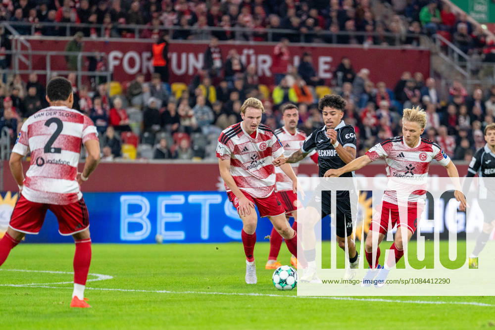 Lukas Bornschein, Fortuna Düsseldorf, 04 and Andreas Mueller of Fortuna Düsseldorf, 06, in a tackle with Andre Leipold of SC Verl, 20. Fortuna Düsseldorf vs. SC Verl, soccer, 3rd Division, Matchday 8, 2026–27 season, October 12, 2026, DFL regulations prohibit any use of photographs as image sequences and or quasi-video. Fortuna Düsseldorf vs. SC Verl, soccer, 3rd Division, Matchday 8, 2026–27 season, October 12, 2026, Düsseldorf