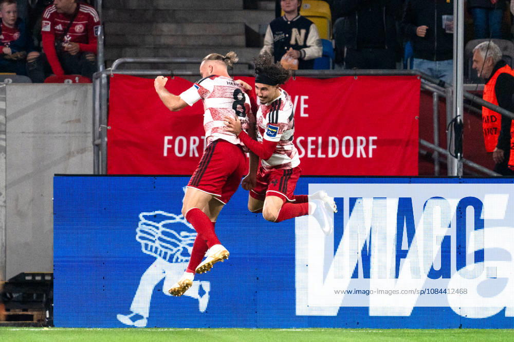 Germany 3rd Division 2026–2027 Fortuna Düsseldorf vs. SC Verl Matchday 8, October 12, 2026, Merkur Spiel Arena, North Rhine-Westphalia Goal to make it 2–1 by Jorrit Hendrix, Fortuna Düsseldorf, 8 Cheers, joy, emotions, goal celebration by Anas Slimani of Fortuna Düsseldorf, 34