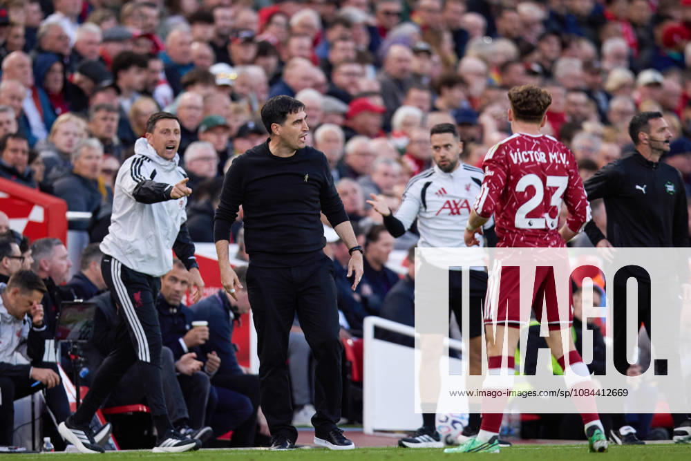 Head Coach of Liverpool FC, Andoni Iraola reacts during the Premier League 2026 27 football match between Liverpool FC and Manchester City at Anfield on October 11, 2026 in Liverpool, England. (Photo by Koby Abbott Sports Press Photo)