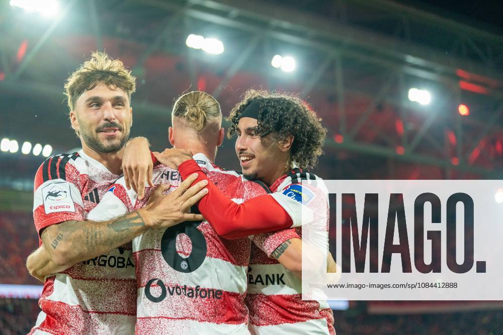 Fabian Schleusener, Fortuna Düsseldorf, 24, Jorrit Hendrix of Fortuna Düsseldorf, No. 08, and Anas Slimani of Fortuna Düsseldorf, No. 34, celebrate during Fortuna Düsseldorf vs. SC Verl, soccer, 3. Liga, Matchday 8, 2026–27 season, December 10, 2026, DFL regulations prohibit any use of photographs as image sequences and or quasi-video, Fortuna Düsseldorf vs. SC Verl, soccer, 3. Liga, Matchday 8, 2026–27 season, October 12, 2026, Düsseldorf