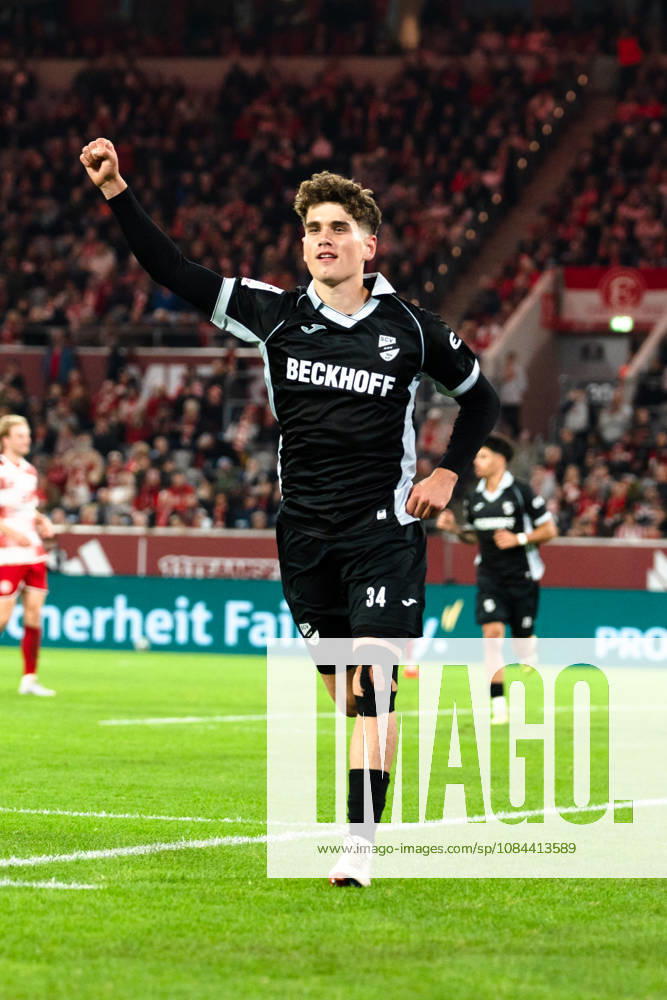 Germany 3rd Division 2026–2027: Fortuna Düsseldorf vs. SC Verl, Matchday 8, October 12, 2026, Merkur Spiel Arena, North Rhine-Westphalia. Goal to make it 2–2 by Janne Berner (SC Verl), 34th minute: Cheers, joy, emotions, goal celebration