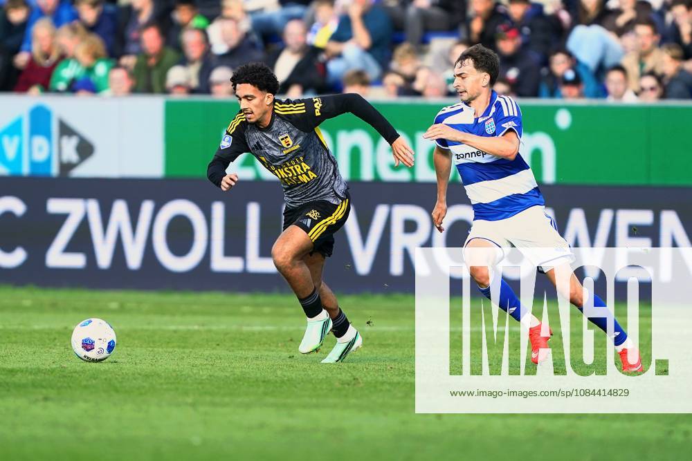 2026-10-11 VriendenLoterij Eredivisie: PEC Zwolle v SC Cambuur ZWOLLE, NETHERLANDS - OCTOBER 11: Sami Bouhoudane of SC Cambuur and Tobias Sommer of PEC Zwolle during the VriendenLoterij Eredivisie match between PEC Zwolle and SC Cambuur at Mac3Park Stadion on October 11, 2026 in Zwolle, Netherlands. Zwolle Mac3Park Stadion Netherlands Content not available for redistribution in The Netherlands directly or indirectly through any third parties.