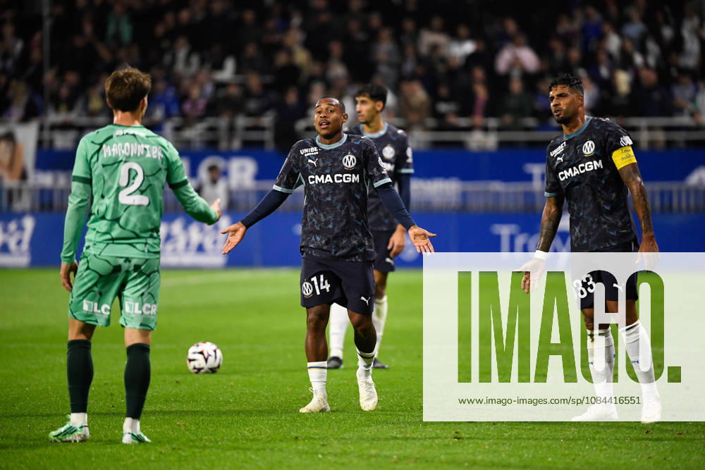 ESTAC Troyes v Olympique de Marseille - Ligue 1 McDonald s 2026 2027 Lucas MARONNIER of Troyes , Emerson PALMIERI of Olympique de Marseille , Igor PAIXAO of Olympique de Marseille during Ligue 1 McDonald s match between Troyes and Marseille at Stade de l Aube on October 11, 2026 in Troyes, France. Troyes France