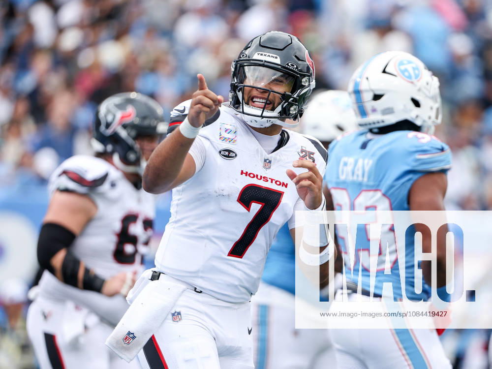 Oct 11, 2026; Nashville, TN, USA; Houston Texans quarterback C.J. Stroud (7) smiles and points to cheering fans after scoring a touchdown during the NFL, American Football Herren, USA regular season game between the Houston Texans and Tennessee Titans at Nissan Stadium. Mandatory Credit: -Cal Media NFL 2026: Texans Vs Titans OCT 11 - ZUMAc04_ 20261011_zma_c04_079