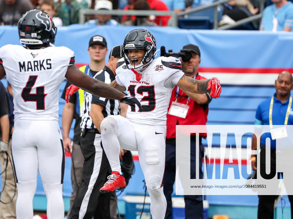 Oct 11, 2026; Nashville, TN, USA; Houston Texans wide receiver Jaylin Noel (13) celebrates in the end zone after scoring a touchdown during the NFL, American Football Herren, USA regular season game between the Houston Texans and Tennessee Titans at Nissan Stadium. Mandatory Credit: -Cal Media Nashville USA - ZUMAc04_ 20261011_zma_c04_082