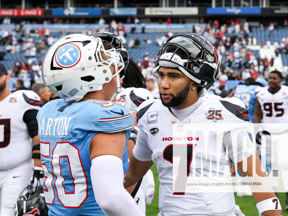 Oct 11, 2026; Nashville, TN, USA; Houston Texans quarterback C.J. Stroud (7) talks with Tennessee Titans linebacker Cody Barton (50) on the field following the NFL, American Football Herren, USA regular season game between the Houston Texans and Tennessee Titans at Nissan Stadium. Mandatory Credit: -Cal Media Nashville USA - ZUMAc04_ 20261011_zma_c04_078