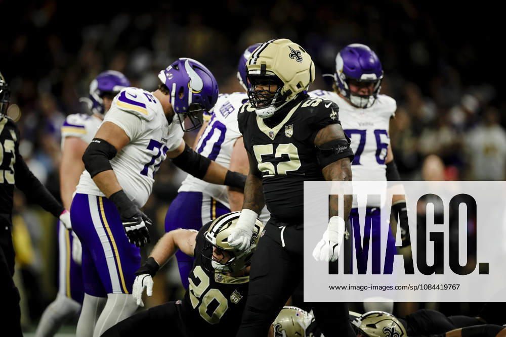 NEW ORLEANS, LA - OCTOBER 11: Christen Miller 52 of the New Orleans Saints reacts after a defensive stop against the Minnesota Vikings during the first half of a game at Caesars Superdome on October 11, 2026, in New Orleans, Louisiana. (Photo by Derick Hingle Icon Sportswire) NFL, American Football Herren, USA OCT 11 Vikings at Saints Icon126261011001